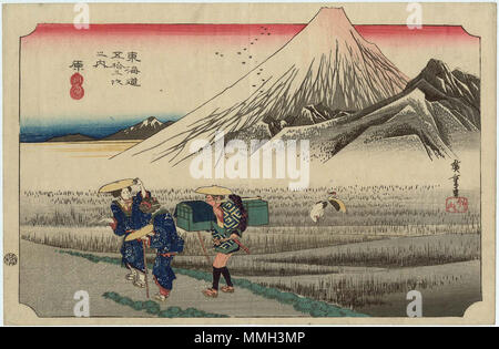 . Englisch: Station Hara, "Mount Fuji am Morgen" (ASA keine Fuji, 朝之富士); Variante b; Herausgeber Dichtung Gebrauchte (竹内) (Hoeidō). ca. 1833/35. Hiroshige (1797-1858) Alternative Namen????, Utashige (??), Ichiy? sai Hiroshige ICH (?????), Und? Hiroshige (????), Geburt Name: Und? Tokutar? (?? ???) Beschreibung japanischen Ukiyo-e Künstler, Maler und Zeichner Geburtsdatum / Tod 1797 vom 12. Oktober 1858 Ort der Geburt / Todes Edo Edo Arbeiten Zeitraum zwischen ca. 1812 und ca. 1858 Arbeitsort Edo, heute Tokio, T?kaid? (Straße) (1832), Kyoto (1832) Kontrolle: Q 200798 19678928 ISNI VIAF:? Stockfoto
