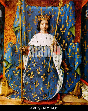 . Englisch: junge Karl VI. von Frankreich (1368 - 1422) Français: Miniatur représentant le Roi Charles VI en costume de Sacre (Détail), "Inventoire general de tous les joyaulx... tant d'oder Comme d'Argent... du Roy Charles le Quint, ... XXIme commancé le Jour de Janvier l'an mil Troys cens soixante Dix neuf". . 15. Jahrhundert. Jean Perréal Karl VI. von Frankreich Stockfoto