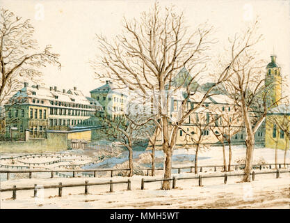 . English: Blick aus dem Vorderhaus von Reichels Garten in das winterliche Leipzig, Aquarell von Felix Mendelssohn Bartholdy. 1836. Felix Mendelssohn Bartholdy (1809 - 1847) Blick aus Reichels Garten in das winterliche Leipzig Stockfoto