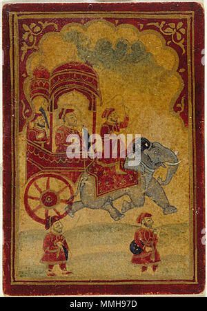 . Englisch: Indien, Rajasthan, Mewar ein König in einem Elephant Kutsche, König der Ghulam (Sklave oder Diener) Anzug, Karte von einem Mughal Ganjifa, 19. Jahrhundert, Malerei, Aquarell, Aquarell und Gold auf Karton, 3 5/8 x 2 1/2 in. (9,21 x 6,35 cm) Geschenk des Herrn und Frau Julian Ganz, Jr. (M. 73.55. 7) süd- und südostasiatischen Kunst Abteilung. Zur Zeit nicht auf öffentliche Ansicht klicken Sie hier für eine Liste der Kunstwerke auf der Anzeige in diesem kuratorischen Sammlung. Malerei aus dem 19. Jahrhundert. 20 Ein König in einem Elefanten mit der Pferdekutsche Stockfoto