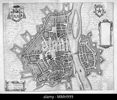 . Nederlands: Deze kaart van Maastricht werd 1649 stedenboek gepubliceerd in het van Joan Blaeu (1596-1673). In deze Atlas Blaeu bracht Meer dan 200 plattegronden Samen van Nederlandse steden en verschillende forten. Deze kaart komt voor in Het Tweede deel van het dat stedenboek hoofdzakelijk ist gewijd aan de Zuidelijke Nederlanden. Englisch: Diese Karte von Maastricht wurde in Joan Blaeus (1596-1673) Stadt Bücher der Niederlande im Jahre 1649 veröffentlicht. Blaeu veröffentlichte mehr als 200 Stadt plant der niederländischen Städte und Festungen. Diese Karte wurde in der zweiten Band der Stadt Bücher der Nethe im Lieferumfang enthalten Stockfoto