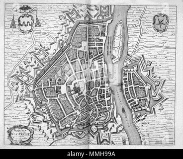 . Nederlands: Deze kaart van Maastricht werd tegen Het einde van de 17 de eeuw gepubliceerd door de Amsterdamse uitgever Frederik de Wit (1630-1706). De Wit heeft Zürich voor deze plattegrond laten inspireren Tür de kaart sterben Joan Blaeu (1596-1673) im Jahre 1649 in Het Tweede deel van zijn stedenboek publiceerde. De Wit heeft er wel Zorg voor gedragen dat de uitbreiding van de vestingwerken Sterben sedertdien aan alle zijden van de stad waren Uitgevörd, op zijn Nieuwe kaart zijn aangeduid. Englisch: Diese Karte von Maastricht wurde am Ende des 17. Jahrhunderts von der Amsterdamer Verleger Frederik de veröffentlicht. Stockfoto