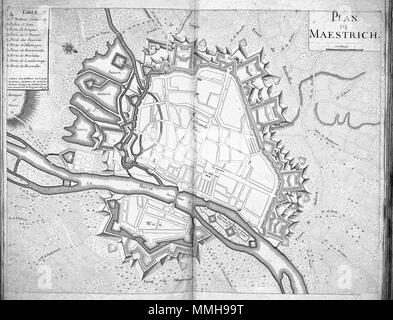 . Nederlands: Na de inname van de stad 1632 Tür Frederik Hendrik war Maastricht uitgebouwd tot een sterke Sperrfrist op de Grens met de Tür Spanje beheerste Zuidelijke Nederlanden. Dit militaire Aspekt komt goed tot uiting plattegrond in deze van de stad sterben 1708 in Parijs werd Uitgegeven. Dat juist in Parijs zon gedetailleerde kaart van de Vesting werd gepubliceerd ist nicht zo für. Frankreich war sinds 1702 met de Republiek Engeland en in een oorlog verwikkeld, met de Spaanse Nederlanden als belangrijkste inzet. Hoewel het nicht tot een Beleg van de stad Kwam, werd de verovering van Mil Stockfoto