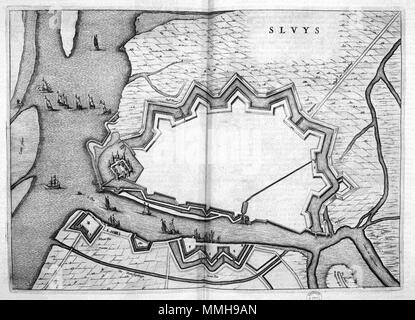 . Nederlands: Deze kaart van Sluis werd 1649 stedenboek gepubliceerd in het van Joan Blaeu (1596-1673). In deze Atlas Blaeu bracht Meer dan 200 plattegronden Samen van Nederlandse steden en verschillende forten. Deze kaart komt voor in Het Tweede deel van het dat stedenboek hoofdzakelijk ist gewijd aan de Zuidelijke Nederlanden. Englisch: Diese Karte von Sluis wurde in Joan Blaeus (1596-1673) Stadt Bücher der Niederlande im Jahre 1649 veröffentlicht. In diesem Atlas Blaeu veröffentlichte mehr als 200 Stadt plant der niederländischen Städte und Festungen. Diese Karte wurde in der zweiten Band der Stadt Bücher des im Lieferumfang enthalten Stockfoto