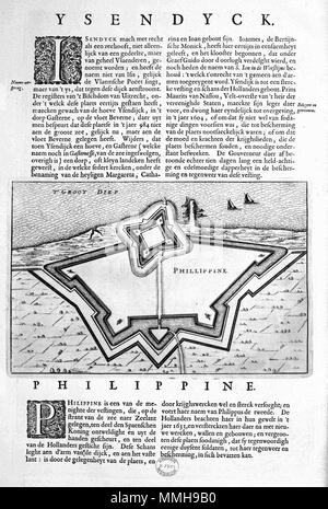 . Nederlands: Deze kaart van het fort Philippinische werd 1649 stedenboek gepubliceerd in het van Joan Blaeu (1596-1673). In deze Atlas Blaeu bracht Meer dan 200 plattegronden Samen van Nederlandse steden en verschillende forten. Deze kaart komt voor in Het Tweede deel van het dat stedenboek hoofdzakelijk ist gewijd aan de Zuidelijke Nederlanden. Englisch: Diese Karte von der Festung Philippinische in Joan Blaeus (1596-1673) Stadt Bücher der Niederlande im Jahre 1649 veröffentlicht wurde. In diesem Atlas Blaeu veröffentlichte mehr als 200 Stadt plant der niederländischen Städte und Festungen. Diese Karte wurde in der zweiten enthalten Stockfoto