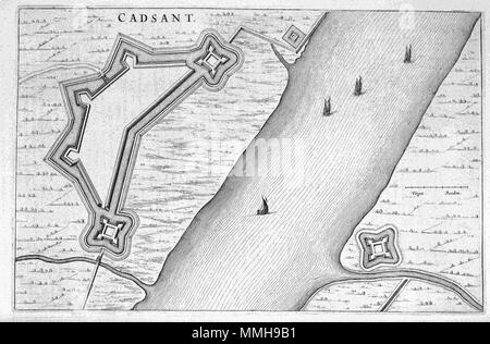 . Nederlands: Deze kaart van Cadzand werd 1649 stedenboek gepubliceerd in het van Joan Blaeu (1596-1673). In deze Atlas Blaeu bracht Meer dan 200 plattegronden Samen van Nederlandse steden en verschillende forten. Deze kaart komt voor in Het Tweede deel van het dat stedenboek hoofdzakelijk ist gewijd aan de Zuidelijke Nederlanden. Englisch: Diese Karte von Cadzand wurde in Joan Blaeus (1596-1673) Stadt Bücher der Niederlande im Jahre 1649 veröffentlicht. In diesem Atlas Blaeu veröffentlichte mehr als 200 Stadt plant der niederländischen Städte und Festungen. Diese Karte wurde in der zweiten Band der Stadt Bücher enthalten Stockfoto