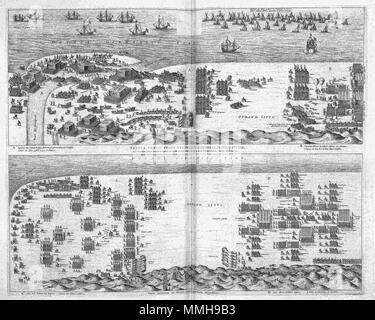 . Nederlands: In deze prent Nordworden in Twee verschillende Szenen streichen uit de Slag bij Nieuwpoort op 2 Juli 1600 afgebeeld. Click stonden een Spaans leger onder Albertus van Oostenrijk en een Nederlands leger onder Leiding van Prins Maurits (1584-1625) tegen über elkaar. Het Nederlandse leger zegenvierde. De prent komt voor in Het Tweede deel van het stedenboek van Joan Blaeu (1596-1673) uit 1649. Englisch: Das Drucken in zwei Teilen zeigt mehrere Szenen aus der Schlacht von Nieuwpoort am 2. Juli 1600. Die spanischen Truppen, geführt von Albertus von Österreich und der Niederländischen Armee, unter der Führung von Prinz Maurits, confro Stockfoto