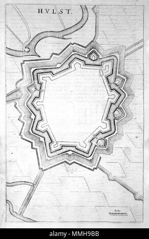 . Nederlands: Deze plattegrond van Hulst werd 1649 stedenboek gepubliceerd in het van Joan Blaeu (1596-1673). In deze Atlas Blaeu bracht Meer dan 200 plattegronden Samen van Nederlandse steden en verschillende forten. Deze kaart komt voor in Het Tweede deel van het dat stedenboek hoofdzakelijk ist gewijd aan de Zuidelijke Nederlanden. Englisch: Diese Karte von Hulst wurde in Joan Blaeus (1596-1673) Stadt Bücher der Niederlande im Jahre 1649 veröffentlicht. In diesem Atlas Blaeu veröffentlichte mehr als 200 Stadt plant der niederländischen Städte und Festungen. Diese Karte wurde in der zweiten Band der Stadt Bücher o enthalten Stockfoto