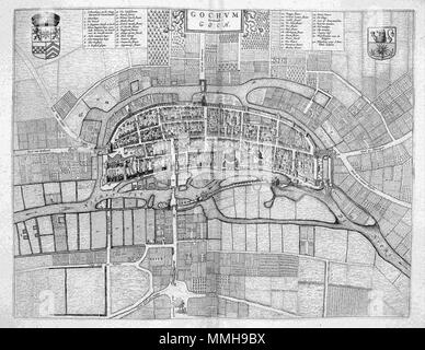 . Nederlands: Deze plattegrond van de stad Goch werd 1649 stedenboek gepubliceerd in het van Joan Blaeu (1598-1673). In deze Atlas Blaeu bracht Meer dan 200 plattegronden Samen van Nederlandse steden en verschillende forten. Deze kaart komt voor in het eerste Deel van het dat stedenboek hoofdzakelijk ist gewijd aan de Noordelijke Nederlanden. Englisch: Diese Karte von Goch wurde in Joan Blaeus (1598-1673) Stadt Bücher der Niederlande im Jahre 1649 veröffentlicht. In diesem Atlas Blaeu veröffentlichte mehr als 200 Stadt plant der niederländischen Städte und Festungen. Diese Karte wurde in den ersten Band der Stadt B Stockfoto