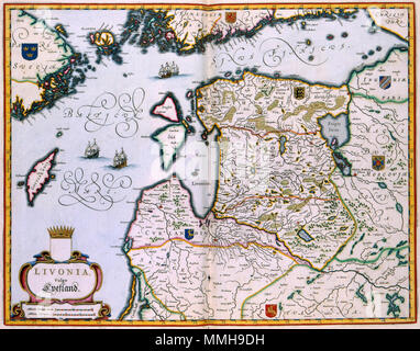 . Nederlands: Op Deze zijn de kaart en Baltische Staten Letland Estland afgebeeld. Sinds het verdrag van Altmar van 1629 dit war een gebied Zweedse Provincie, met een Duitstalige hoofdzakelijk bevolking. Deze kaart werd 1662 gepubliceerd in Het Tweede deel van de Atlas Maior van Joan Blaeu (1598-1673). Voor de afbeelding van het gebied greep Blaeu zurück op een grote Skandinavië wandkaart van van Anders Bureus (1571-1661) uit 1626. Englisch: Diese Karte zeigt die baltischen Staaten Lettland und Estland. Seit dem Vertrag von altmar im Jahr 1629 wurde dieses Gebiet eine schwedische Provinz war vor allem bewohnen Stockfoto