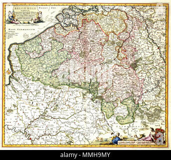 . Nederlands: Deze kaart van de Zuidelijke Nederlanden toont de gebieden sterben 1684 in Spaans bezit waren. De kaart werd uitgegeven door Nicolaes Visscher II (1649-1702). Englisch: Diese Karte von der südliche Teil der Niederlande zeigt die Bereiche, die durch die Spanier im Jahre 1684 belegt. Die Karte wurde von Nicolaes Visscher II veröffentlicht (1649-1702). BELGII REGII TABULA in qua omnes Provinciae ab Hispanis ad annum 1684 possessae, nec non Tam eine Rege Galliae quam Batavis acquisitae, accuratissime. ca. 1684. Autor und Herausgeber: Nicolaes Visscher II Atlas Van der Hagen - KW 1049 B11 056-BELGII REGII TABULA in Stockfoto