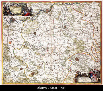 . Nederlands: Deze kaart van het hertogdom Limburg werd vermoedelijk uitgegeven door Nicolaes visscher I (1618-1679). Als Bron voor deze kaart Aktuelles Visscher een wandkaart wandkaart een van het hertogdom Brabant van Claes Jansz. Visscher (1587-1652) uit 1656. Op deze kaart komt Het gehele tegenwoordige gebied van de provincie Limburg voor. Englisch: Diese Karte des Herzogtums Limburg wurde wahrscheinlich Veröffentlicht von Nicolaes visscher I (1618-1679). Visscher verwendet eine Landkarte des Herzogtums Brabant von Claes Jansz. Visscher (1587-1652) ab 1656 als Quelle für diese Karte. Diese Karte zeigen die komplette Terr Stockfoto