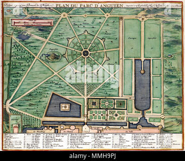 . Nederlands: Wir zien een Click plattegrond van het tuinencomplex van het Landgoed Enghien near Brussel. De plattegrond behoort tot een Reeks prenten Sterben in opdracht van de uitgever Nicolaes Visscher II (1649-1702) Tür de Graveur Romeyn de Hooghe (1645-1708) werd samengesteld. Als wir de plattegrond goed bekijken Dan valt op dat Het park verdeelt wurde in drie Grote secties, verbonden werdener Tür lange sterben en rechte Lanen, zogenaamde Allées.; Cijfers (1-37) worden verklaard in een Legenda onder aan de kaart in een Legenda verklaard. Rechtsonder: C. Samen op1 Blad e Englisch met: Der Druck zeigt Stockfoto