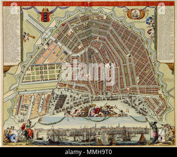 . Nederlands: Deze plattegrond van Amsterdam werd 1657 voor het eerst stedenboek gepubliceerd in het van Jan Janssonius (1588-1664). Janssonius kopieerde de plattegrond nauwgezet van een eerdere plattegrond sterben Joan Blaeu im Jahre 1649 in zijn opgenomen stedenboek hatte. Frederik de Wit (1630-1706) sterben de koperplaat Uit De nalatenschap van Janssonius, verwierf publiceerde de plattegrond, nu voorzien van zijn eigen Naam in zijn eigen stedenboeken.; Legenda links 1-178 en Rechts 179-354. Onderaan een profiel van Stad de'Amstelodami Prospekt", omringd Door mythologische Figuren. Englisch: Der Plan Stockfoto