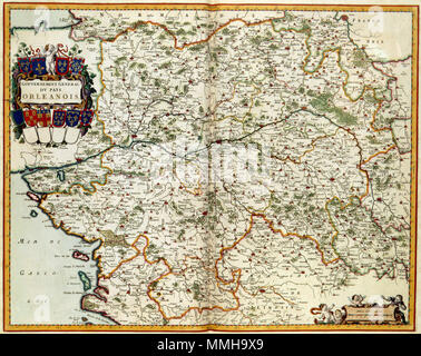 . Nederlands: Deze kaart van de landstreek Orleans werd 1662 uitgegeven door Joan Blaeu (1598-1673). De kaart komt voor in het 7de Deel van de Atlas Maior. Englisch: Diese Karte der Länder um Orleans war im Jahr 1662, herausgegeben von Joan Blaeu (1598-1673). Die Karte wird im siebten Band seiner Atlas Maior enthalten. GOUVERNEMENT ALLGEMEINE DV ZAHLT ORLEANOIS. 1662. Atlas Van der Hagen - KW 1049 B12 035-GOUVERNEMENT ALLGEMEINE DV ZAHLT ORLEANOIS Stockfoto