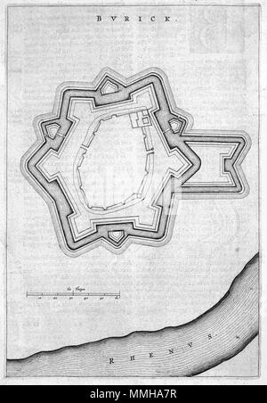 . Nederlands: Deze plattegrond van de Duitse Sperrfrist Burick Aan De Rijn werd 1649 stedenboek gepubliceerd in het van Joan Blaeu (1596-1673). In deze Atlas Blaeu bracht Meer dan 200 plattegronden Samen van Nederlandse steden en verschillende forten. Deze kaart komt voor in het eerste Deel van het dat stedenboek hoofdzakelijk ist gewijd aan de Noordelijke Nederlanden. Englisch: Diese Karte der Deutschen Festung Burick am Rhein wurde in Joan Blaeus (1596-1673) Stadt Bücher der Niederlande im Jahre 1649 veröffentlicht. In diesem Atlas Blaeu veröffentlichte mehr als 200 Stadt plant der niederländischen Städte und fortif Stockfoto