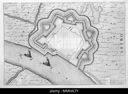 . Nederlands: Deze plattegrond van de Duitse Sperrfrist Orsoy Aan De Rijn werd 1649 stedenboek gepubliceerd in het van Joan Blaeu (1596-1673). In deze Atlas Blaeu bracht Meer dan 200 plattegronden Samen van Nederlandse steden en verschillende forten. Deze kaart komt voor in het eerste Deel van het dat stedenboek hoofdzakelijk ist gewijd aan de Noordelijke Nederlanden. Englisch: Diese Karte der Deutschen Festung Orsoy am Rhein wurde in Joan Blaeus (1596-1673) Stadt Bücher der Niederlande im Jahre 1649 veröffentlicht. In diesem Atlas Blaeu veröffentlichte mehr als 200 Stadt plant der niederländischen Städte und fortific Stockfoto
