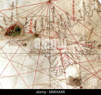 . Englisch: Seekarte des Mittelmeerraums, einschließlich Europa mit Britischen Inseln und Teil Skandinaviens. HM 1548. Anonyme PORTOLAN ATLAS Italien, 15. Möglicherweise vor 1492. Alpen und Atlasgebirge als Grünflächen dargestellt. Rufnummer: HM1548 Beschreibung: Seekarte des Mittelmeerraums, einschließlich Europa mit Britischen Inseln und Teil Skandinaviens. . 15. Jahrhundert vor 1492. Unbekannte Seekarte des Mittelmeerraums, einschließlich Europa mit Britischen Inseln und Teil Skandinaviens. HM 1548. Anonyme PORTOLAN CHART (Italien, 15. Jahrhundert). C Stockfoto