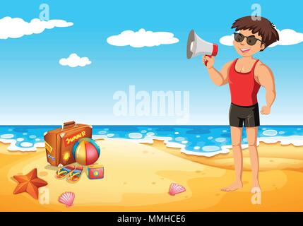 Rettungsschwimmer mit Megafon am Strand Abbildung Stock Vektor