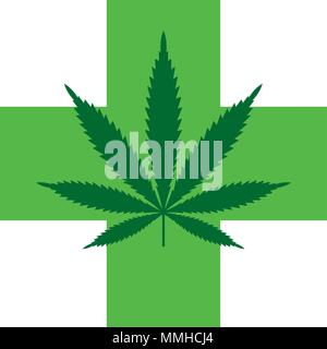 Marihuana Blatt mit Green Cross. Die medizinische Verwendung von Cannabis. Symbol Logo Vorlage. Gesundheit und medizinische Therapie. Isolierte Vector Illustration auf weißem Hintergrund. Stock Vektor