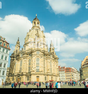 Kirche Unserer Lieben Frau (Frauenkirche) Dresden, Deutschland. Während des Zweiten Weltkrieges zerstört, Wiederaufbau begann im Jahr 1994. Stockfoto