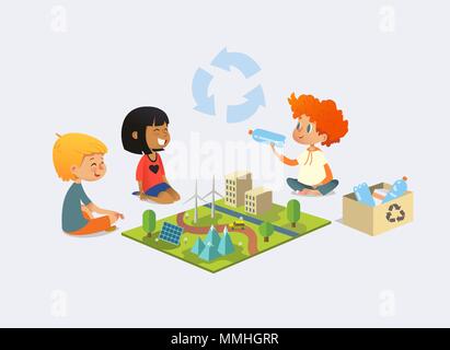 Glückliche Kinder sitzen auf dem Boden im Kreis um Spielzeug Modell mit Wind- und Solaranlagen, rothaarigen Jungen zeigt, Plastikflaschen und Recycling und ökologische Entsorgung diskutieren. Vector Illustration. Stock Vektor