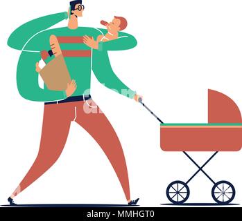 Männliche Zeichentrickfigur mit vielen Händen trägt, Kind, Kinderwagen, Tasche mit Käufen und Gespräche am Telefon auf weißem Hintergrund. Konzept des Multitasking Vater und super Papa. Vector Illustration Stock Vektor