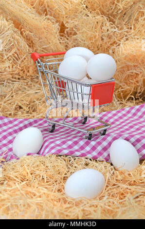 Eier im Warenkorb auf einem karierten Tischtuch mit Stroh Stockfoto