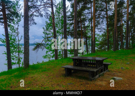 Landschaft mit Seen und Wald entlang des Grates Punkaharju. Shouthern Savonia, Lakeland Region, Finnland Stockfoto