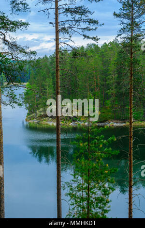 Landschaft mit Seen und Wald entlang des Grates Punkaharju. Shouthern Savonia, Lakeland Region, Finnland Stockfoto