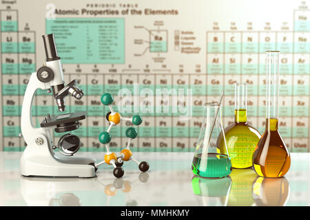 Test Glaskolben und -rohre mit farbigen Lösungen auf dem Periodensystem der Elemente. Laborglas. Wissenschaft Chemie und Forschung Konzept. 3d Stockfoto