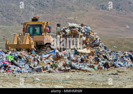 Treiber funktioniert Caterpillar Gleisbau Planierraupe drücken Papierkorb, Mülldeponie.. Stockfoto