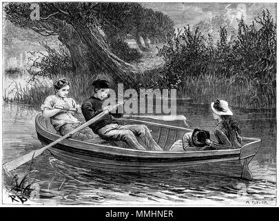 Gravur von vier jungen Menschen in ein Ruderboot. Von einem ursprünglichen Gravur in eigenen Papier Magazin der Mädchen 1883. Stockfoto