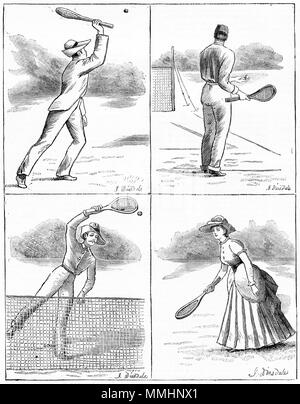 Gravieren von verschiedene Stücke für das Spiel des Lawn Tennis. Von einem ursprünglichen Gravur in eigenen Papier Magazin der Mädchen 1882. Stockfoto