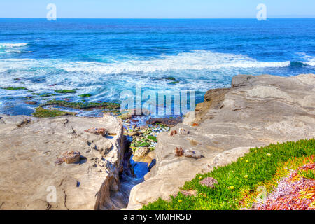 Wellen aus dem Pazifischen Ozean Pfund gegen die Felsen von La Jolla Beach in San Diego, Kalifornien. Die malerische Küste ist eine beliebte Attraktion Stockfoto