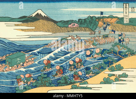 . Teil der Serie 36 Blick auf Mount Fuji, Nr. 37, 1. zusätzliche Holzschnitt. Japanisch:?????????? - T?kaid? Kanaya keine Fuji Fuji aus kanaya gesehen der Tokaido. 1823. Hokusai 37 kanaya Stockfoto