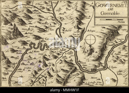 . Français: Carte géographique Ancienne de la région de Grenoble (Isère - Dauphiné - Frankreich) par Tassin aux alentours de 1638). Il est intéressant de noter l'orientation inhabituelle Sud-Nord de cette Carte ainsi que la Toponymie très différente de Celle d'aujourd'hui. Ainsi, par Beispiel Meylan était alors orthographié Melan. A noter l'Inversion entre Drac et Romanche Deutsch: alte Karte von Grenoble (Dauphiné - Isère - Frankreich), von Tassin circa 1638. Von Interesse ist die unkonventionelle Süd-Nord Orientierung der Karte sowie die verschiedenen toponomy. Zum Beispiel Meylan ist als 'Méla gezeigt Stockfoto