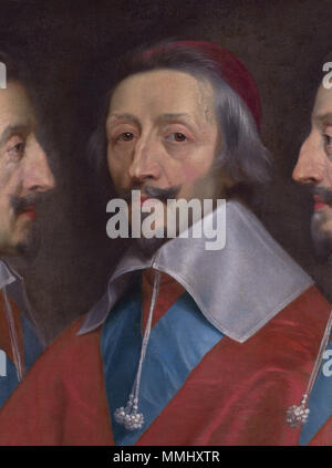 . Armand-Jean du Plessis, Duc und Kardinal de Richelieu (1585-1642), mit der Bestellung von Saint-Esprit. Er wurde ein Kardinal im Jahr 1622 und dem Ministerpräsidenten von Frankreich. Triple Portrait von Cardinal de Richelieu. ca. 1642. Triple Portrait von Cardinal de Richelieu wahrscheinlich 1642, Philippe de Champaigne (Detail) Stockfoto