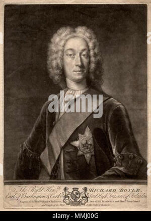 . Englisch: Porträt von Richard Boyle, 3rd Earl of Burlington (1694-1753) nach Unbekannter Künstler, Drucken, Mitte des 18. Jahrhunderts 3 rdEarlOfBurlingtonMezzotint Stockfoto