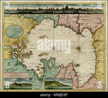 . English: Gerard Van Keulen: Nieuwe Caart Capische van de Zee, met alle met alle desselfs Riviere, Eylanden en Dieptens. . [Mit Blick auf Astrakan] Englisch: Knappe Seekarte auf das Kaspische Meer und Umgebung, mit einem großen dekorative Vignette von Astrakan aus dem Wasser und kleinere Sammlungen von Samagael und Derbent. Wunderbare detaillierte Seekarte, mit rhumblines, Tiefenangaben, Windrose und andere Details, mit Osten am oberen Rand der Karte orientiert. Eine der besten kommerziellen Seekarten der Region im 18. Jahrhundert veröffentlicht. Beinhaltet rhumblines, topografischen Details, Tiefenangaben, und eine Vielzahl von Ot Stockfoto