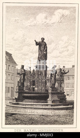 . English : Der Erinnerung eine Maximiliansbrunnen aus Bamberg. Stich und Druck von Franz Schemm Kunstanstalt Nürnberg. Verlag von Karl Hübscher der Buch- und Kunsthandlung in Bamberg. [Ca. 1880]. Bild 217 Erinnerung ein Bamberg 005 Der Maximiliansbrunnen Stockfoto