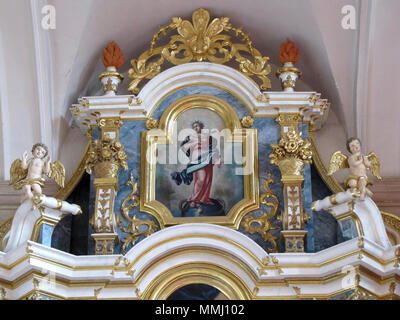 . Français: Elsass, Bas-Rhin, Église abbatiale Saint-Maurice d'Ebersmunster (PA 00124485 00084701, IA). Autel de Sainte-Scholastique (1781): Tableau de couronnement'Immaculée Conception" (Franz Joseph Stöber, huile sur toile, XVIIIe). Dieses Objekt ist classé Monument Historique in der Basis Palissy, Datenbank der Französische Möbel Erbe des französischen Ministeriums für Kultur, unter den Referenzen PM 67007539 und 67000063, IM, IM, 67007589. Brezhoneg | Deutsch | English | Español | English | Deutsch | Français | Magyar | Italiano | Plattdüütsch | Português | +/-. 13. April 2015. © Ralph Hammann-W Stockfoto