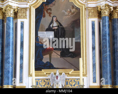 . Français: Elsass, Bas-Rhin, Église abbatiale Saint-Maurice d'Ebersmunster (PA 00124485 00084701, IA). Autel de Sainte-Scholastique (1781): Tableau'S 'Sainte-Scholastique" (Franz Joseph Stöber, huile sur toile, 158 x 90, 1781). Dieses Objekt ist classé Monument Historique in der Basis Palissy, Datenbank der Französische Möbel Erbe des französischen Ministeriums für Kultur, unter den Referenzen PM 67007539 und 67000063, IM, IM, 67007589. Brezhoneg | Deutsch | English | Español | English | Deutsch | Français | Magyar | Italiano | Plattdüütsch | Português | +/-. 13. April 2015. © Ralph Hammann - Wikimedia Comm Stockfoto