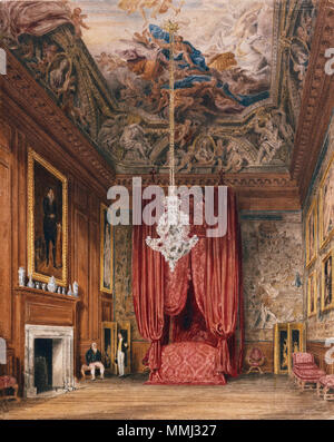 . Englisch: Ein Blick auf die Queen Mary Zustand Schlafgemach in Hampton Court Palace. Die aquatinta Gravur dieses Bild wurde als Platte 42 Der w.h. veröffentlicht. Pyne (1819) Die Geschichte der königlichen Residenzen Queen Mary's State Bed Kammer, Hampton Court. 1816. Hampton Court, Queen Mary's Zustand Schlafkammer, von Richard Cattermole, 1816 - königliche Coll 922134 313706 ORI 2 Stockfoto