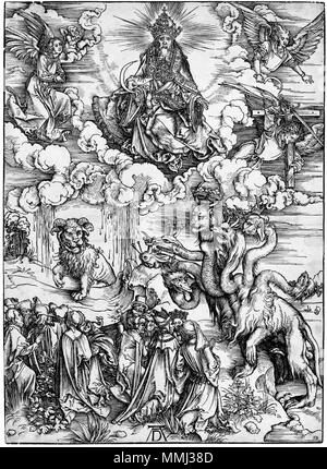 Das Tier mit zwei Hörnern wie ein Lamm (B. 74; M., Holl. 175) * Holzschnitt aus der Apokalypse * 39 x 28,2 cm * ca. 1496-1497 Durer, apocalisse, 12 il mostro Marino e la Bestia Stockfoto