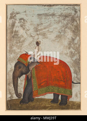 . Englisch: Eine der sechs Zahlen aus feierliche Prozession der Mughal Kaiser anlässlich des Id. . Ca. 1840 (gemalt). Ein Elefant mit einem roten Sattel - Tuch und einem mahout. Stockfoto