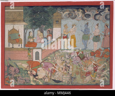 . Englisch: Serie Titel: Rama's Reise Suite Name: Ramayana Erstellungsdatum: Ca. 1765 Display Abmessungen: 11 7/32 in. x 14 3/8 in. (28,5 cm x 36,5 cm) Kreditlinie: Edwin Binney 3 Sammlung Beitritt Artikelnummer: 1990.1171 Sammlung: <a href='Http://www.sdmart.org/art/our-collection/asian-art' rel='nofollow'> Die San Diego Museum der Kunst</a>. 6. September 2011, 14:08:29. Englisch: thesandiegomuseumofartcollection Indra ist eine Hommage an Rama nach Ravana und seine Horden werden zerstört (6124524291) Stockfoto