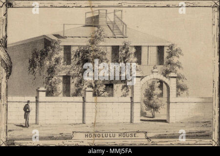 . Englisch: Honolulu Hale diente als der staatlichen Gebäude des Königreichs Hawaii von 1843 bis 1853 und später dann als seine Post von 1853 bis 1871. Das Coral Rock Struktur wurde entweder im Jahre 1835 oder 1845 im Auftrag König Kamehameha III. gebaut sein die neu geschaffene Gesetzgebung des Königreichs Hawaii zu Haus. Es wurde später zum Henry Martyn Whitney, die Hälfte davon in ein Geschäft und die andere Hälfte ein Postoffice konvertiert verkauft. . Ca. 1853. Honolulu Hale von Paul Emmert Stockfoto