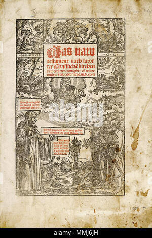 . Englisch: Titelseite der katholischen Bibel Übersetzung des Neuen Testaments ins Deutsche von Hieronymus Emser, einem Gegner der Martin Luther; veröffentlichte 1527 in Dresden, Sachsen Español: pagina Principal de la traducción Católica del Nuevo Testamento de la Biblia al Alemán de Hieronymus Emser, un-adversario de Martin Luther, Publicado en 1527 Dresden, Sachsen Archiv Signatur: Dresden: Wolfgang Stöckel, 1527. Signatur CIM 8/9071. 1527. Hieronymus Emser Hieronymus Emser Das naw Testament Stockfoto