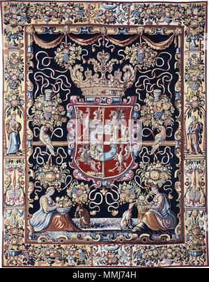 Wandteppich mit dem Wappen von Anna Katharina Bodensee Vasa.. vor 1642. Flandern Wandteppich mit dem Wappen von Anna Katharina Bodensee Vasa Stockfoto